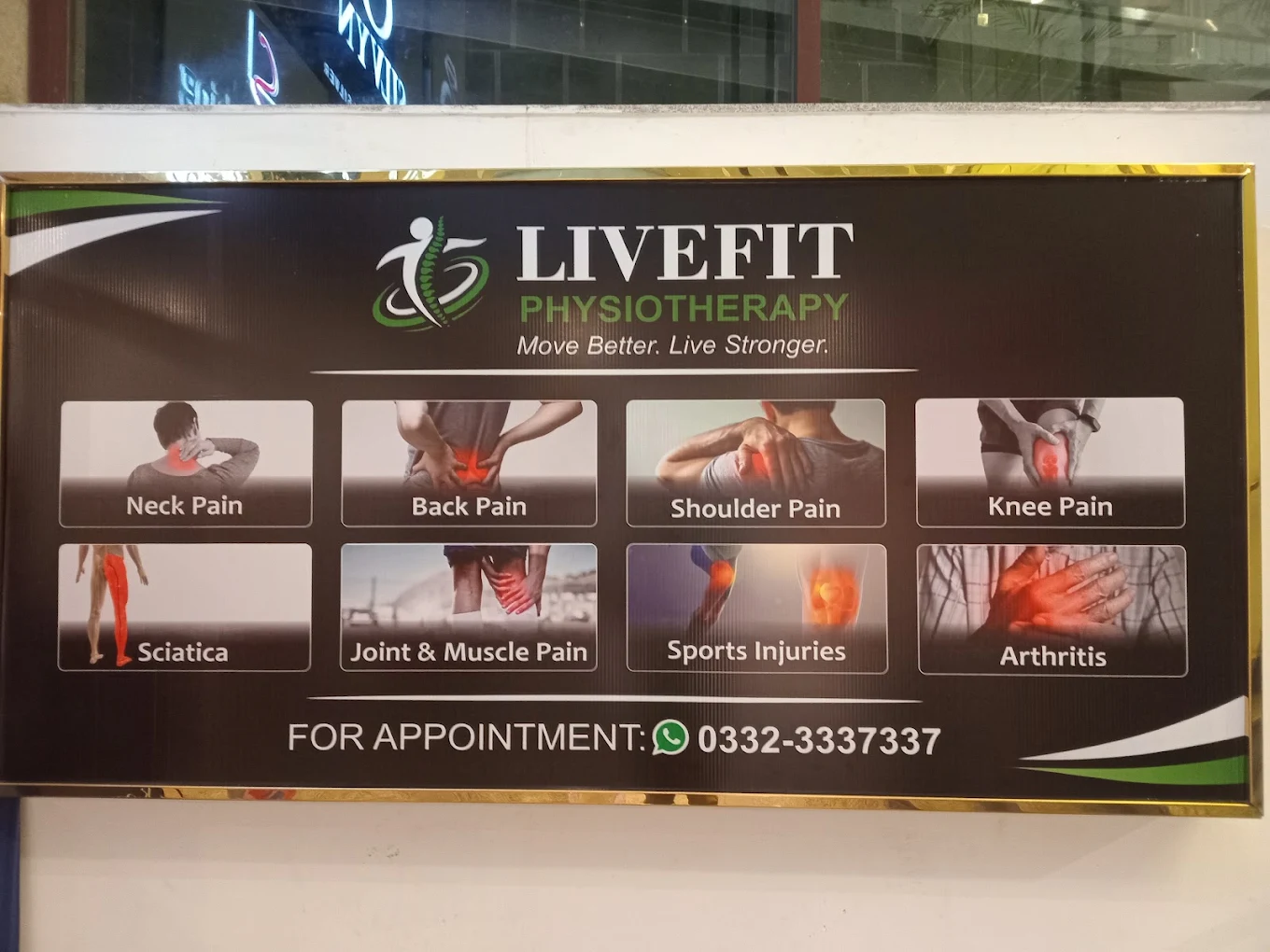 LiveFit Physiotherapy clinic signboard in F-7 Markaz, Islamabad